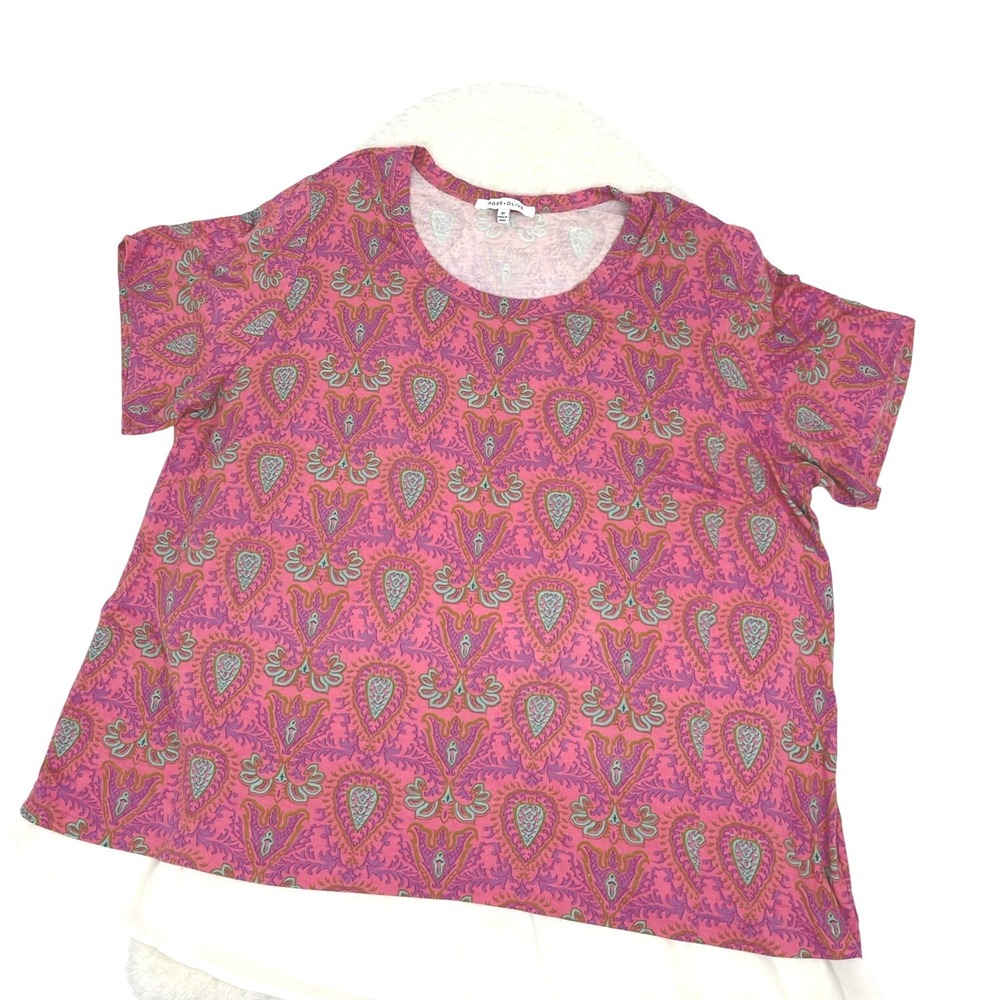 Rose + Olive‎ Size XL Pink Print Top Women's Short Sleeve Relaxed Fit Casual